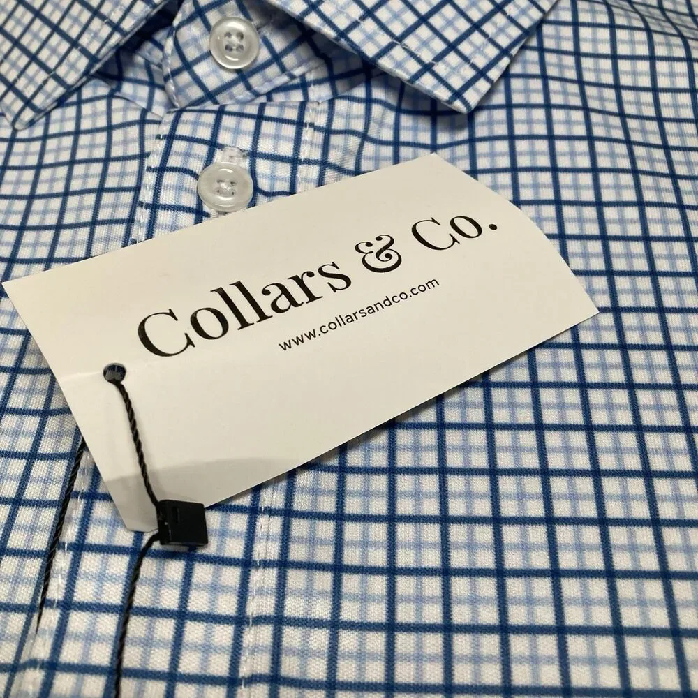 Collars & Co Polo Shirt Mens Small Blue Tattersall Plaid Dress Collar Office NWT